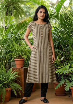 Ajrakh Striped Modal Silk A line Boat Neck Kurta with Golden Color Buttons, Mega Sleeves & Pockets , Beige, KS1014