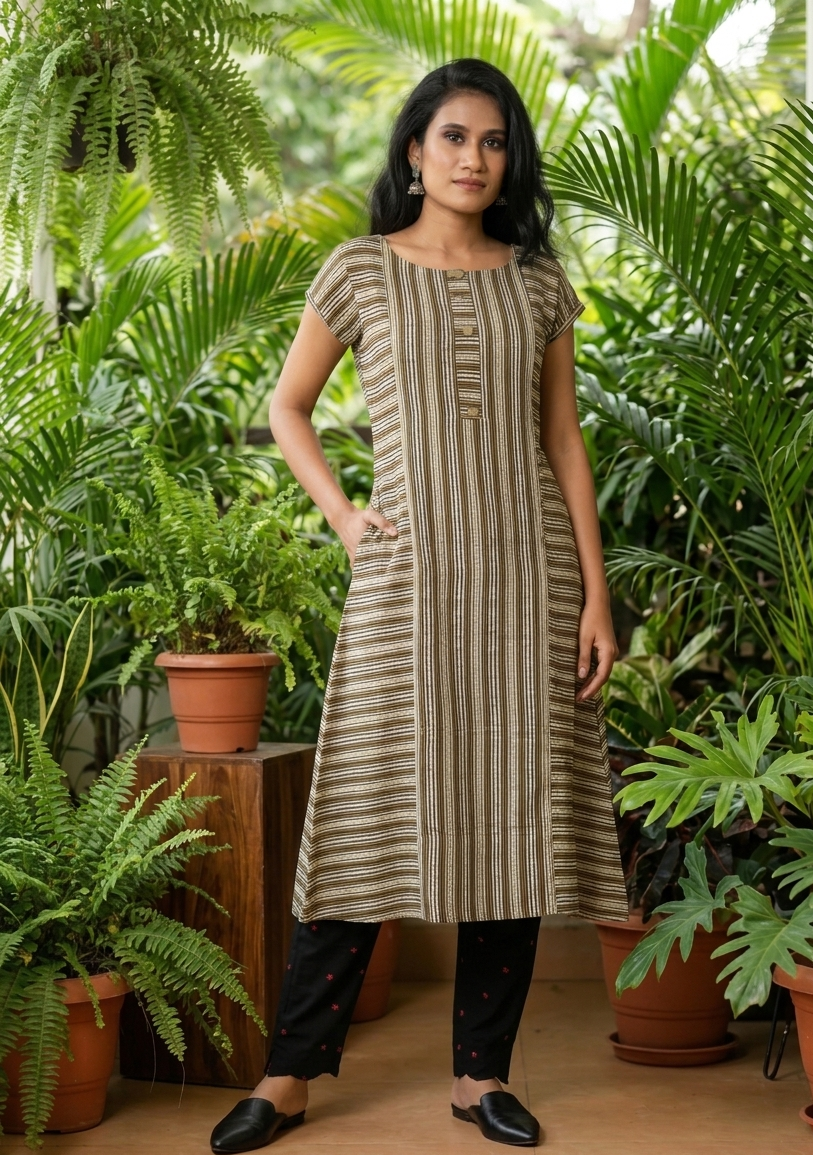 Ajrakh Striped Modal Silk A line Boat Neck Kurta with Golden Color Buttons, Mega Sleeves & Pockets , Beige, KS1014