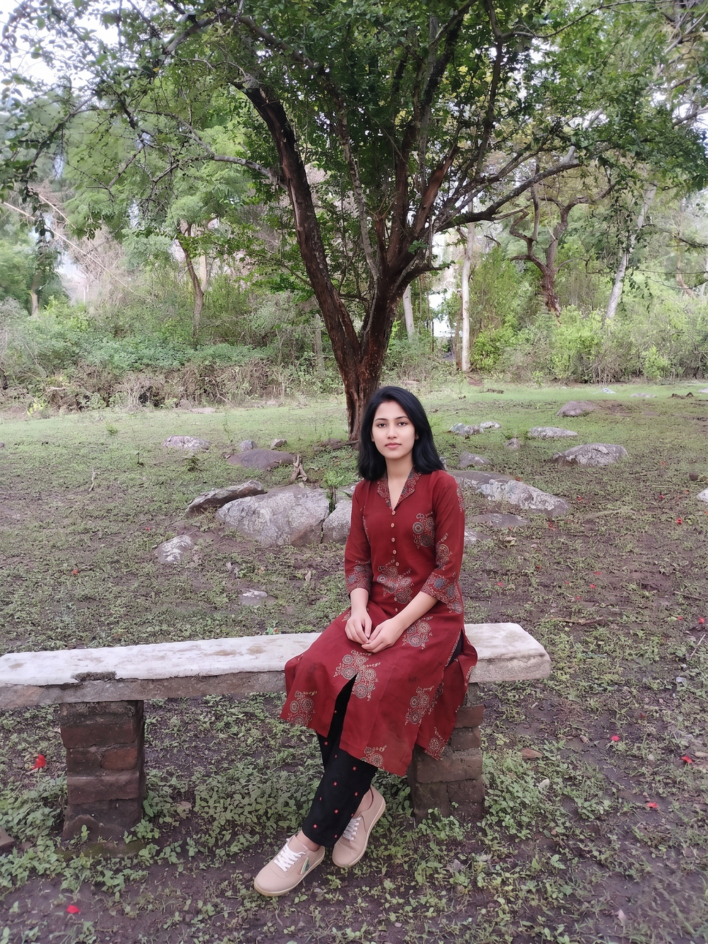 Ajrakh Cotton Straight Cut Kurta with Wooden Button and Collar Details & Pockets , Maroon , KA1068