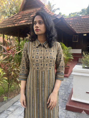 Ajrakh Striped Modal Silk Straight Cut Kurta with Shirt Collar, Golden Color Buttons, 3/4 Sleeves & Pocket , Beige, KS1015