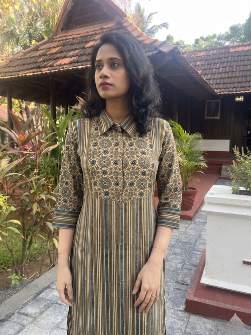 Ajrakh Striped Modal Silk Straight Cut Kurta with Shirt Collar, Golden Color Buttons, 3/4 Sleeves & Pocket , Beige, KS1015