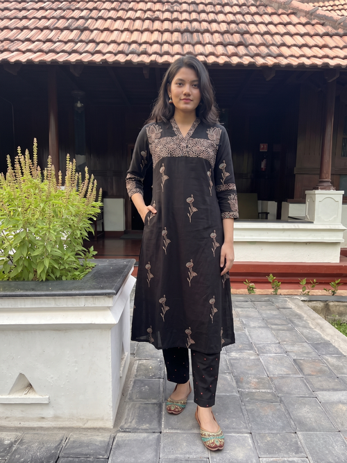 Ajrakh Printed Modal Silk V Collar A Line Kurta with Pockets , Black, KS1012