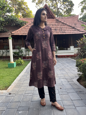 Ajrakh Printed Modal Silk A line Kurta  with Peter Pan Collar, Wooden Button Details & Pockets,  Brown, KS1013