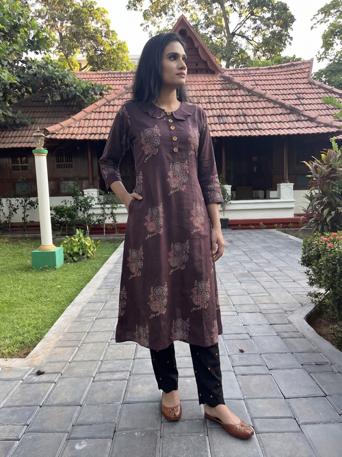 Ajrakh Printed Modal Silk A line Kurta  with Peter Pan Collar, Wooden Button Details & Pockets,  Brown, KS1013