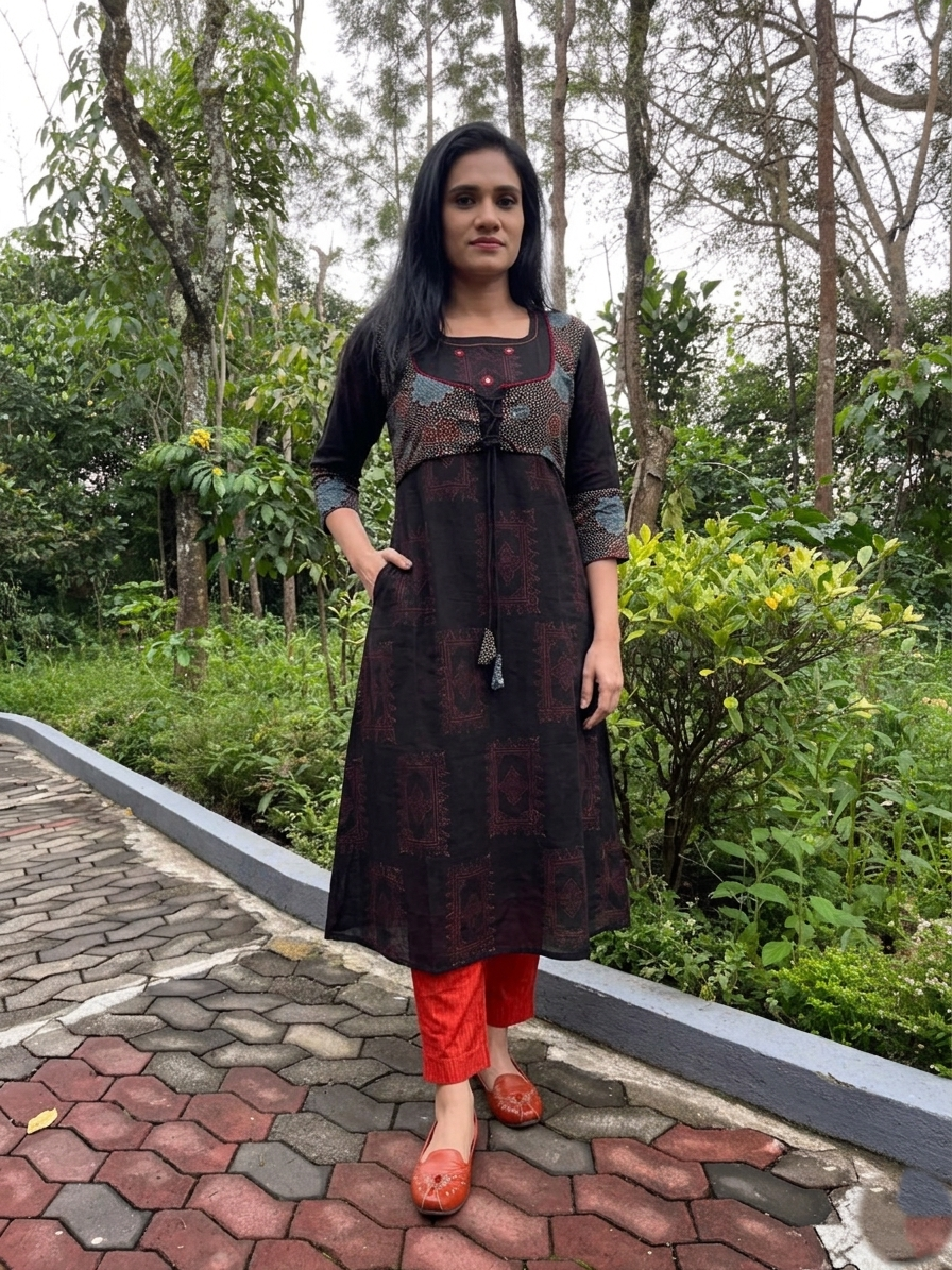 Ajrakh Cotton Round neck Jacket Style A Line Kurta with Mirror Details & Pocket , Black, KA1060