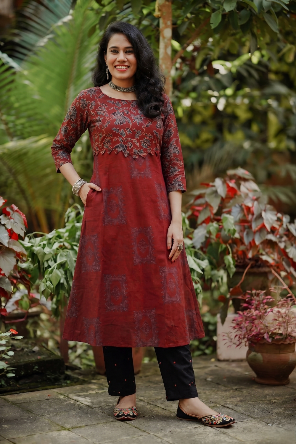 Ajrakh Cotton A Line Boat Neck Kurta with Patch Detailing & Pockets, Maroon, KA1066