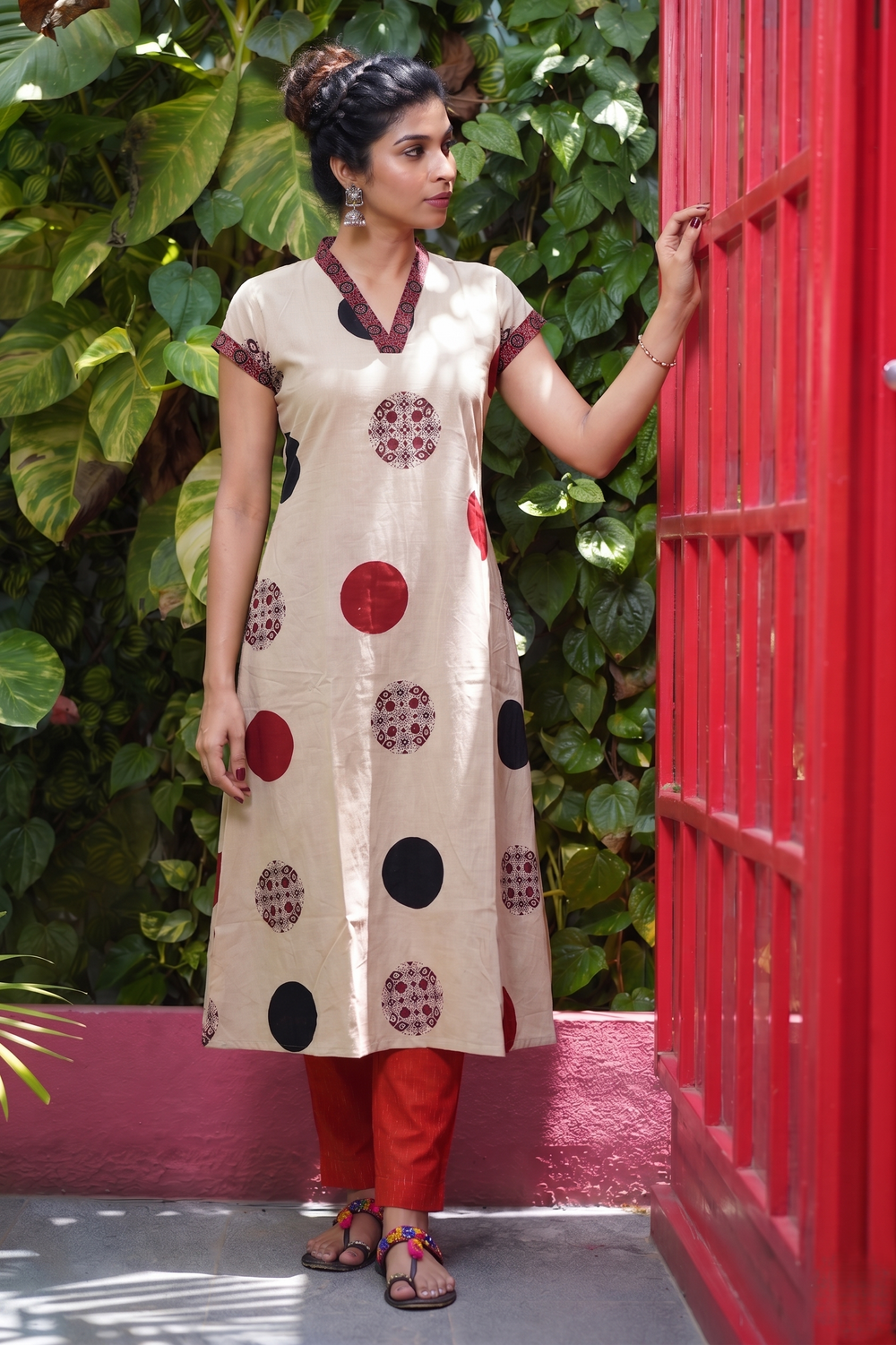 Ajrakh Cotton A Line Kurta with V Collar and Mega Sleeves & Pocket , Ivory , KA1058