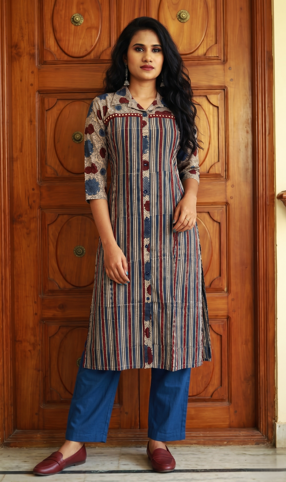 Ajrakh Cotton Shirt collar Straight Cut  Kurta with Lace and Button Details with Pocket , Multicolor, KA1051