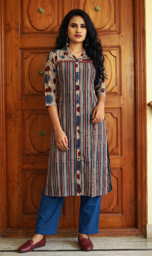 Ajrakh Cotton Shirt collar Straight Cut  Kurta with Lace and Button Details with Pocket , Multicolor, KA1051