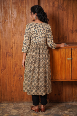Ajrakh Printed Modal Silk Pleated Kurta with Y Neck Potli Button Details & Pocket , Ivory Blue , KS1010