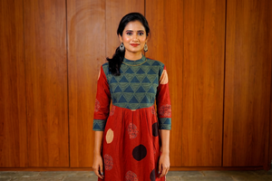 Ajrakh Cotton A Line Kurta with Close Collar & Pockets, Maroon - Blue , KA1067