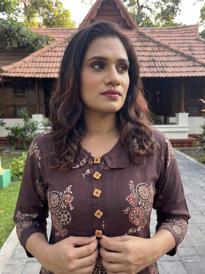 Ajrakh Printed Modal Silk A line Kurta  with Peter Pan Collar, Wooden Button Details & Pockets,  Brown, KS1013