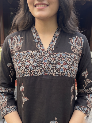 Ajrakh Printed Modal Silk V Collar A Line Kurta with Pockets , Black, KS1012