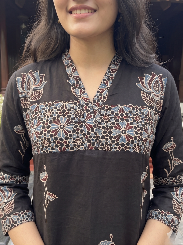 Ajrakh Printed Modal Silk V Collar A Line Kurta with Pockets , Black, KS1012