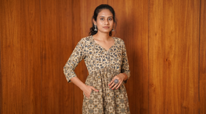 Ajrakh Printed Modal Silk Pleated Kurta with Y Neck Potli Button Details & Pocket , Ivory Blue , KS1010