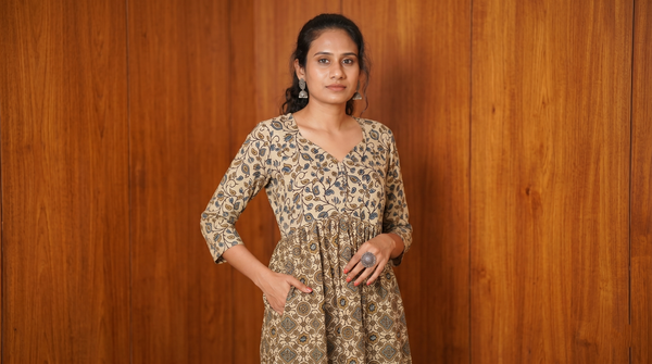 Ajrakh Printed Modal Silk Pleated Kurta with Y Neck Potli Button Details & Pocket , Ivory Blue , KS1010