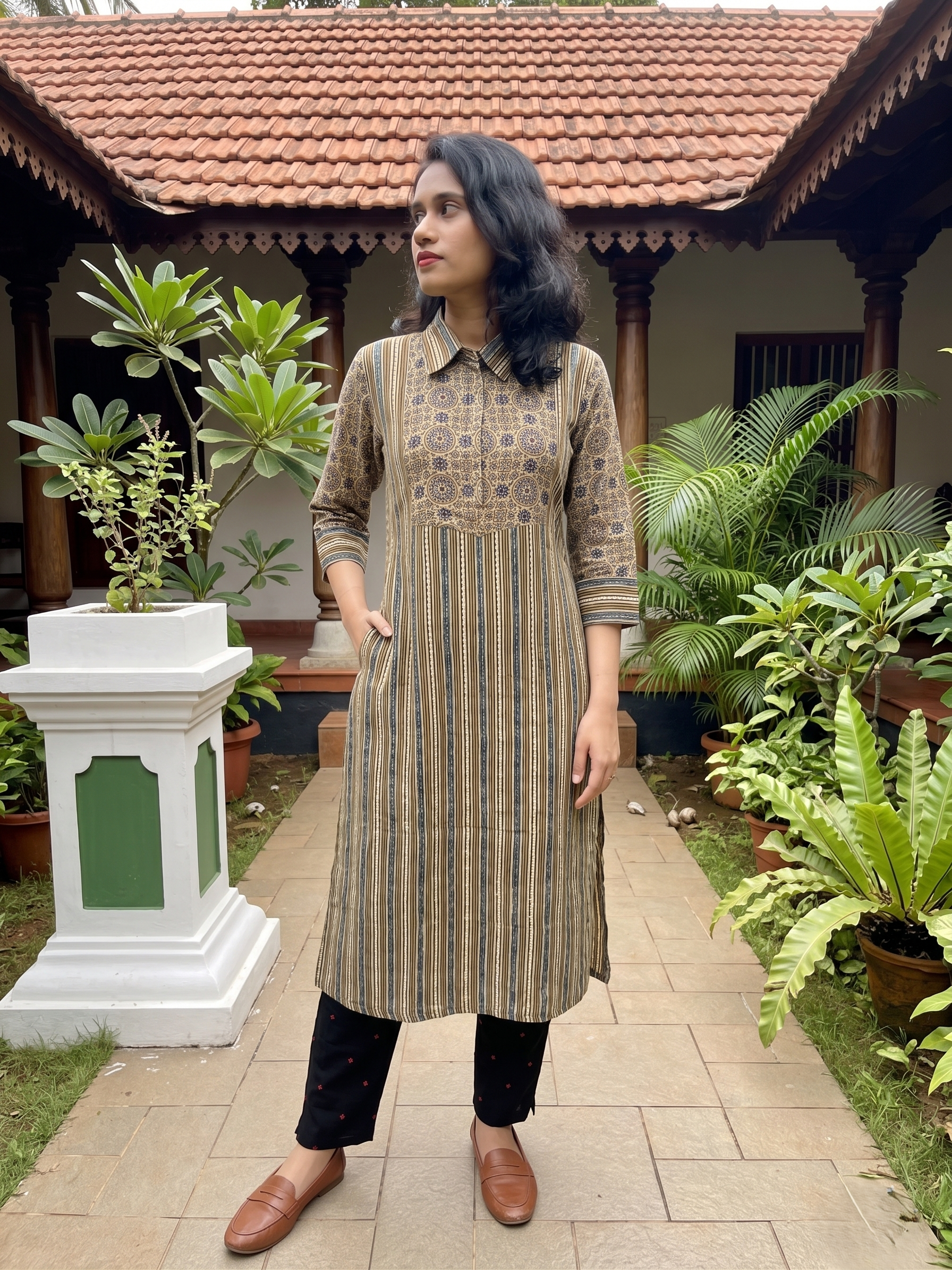 Ajrakh Striped Modal Silk Straight Cut Kurta with Shirt Collar, Golden Color Buttons, 3/4 Sleeves & Pocket , Beige, KS1015