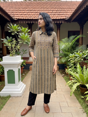 Ajrakh Striped Modal Silk Straight Cut Kurta with Shirt Collar, Golden Color Buttons, 3/4 Sleeves & Pocket , Beige, KS1015