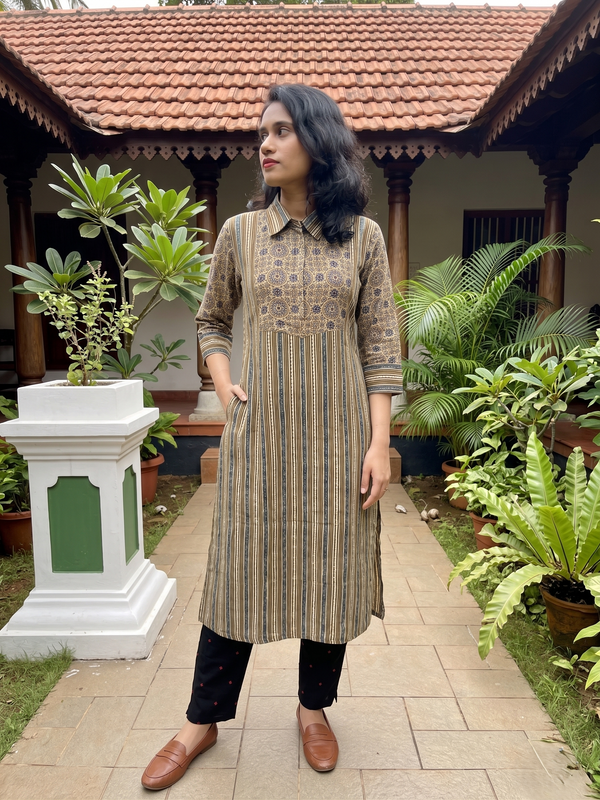 Ajrakh Striped Modal Silk Straight Cut Kurta with Shirt Collar, Golden Color Buttons, 3/4 Sleeves & Pocket , Beige, KS1015