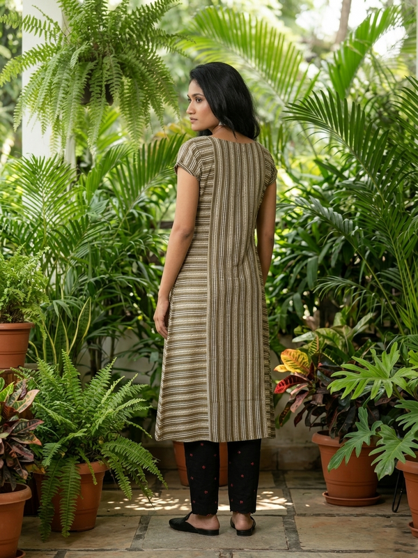 Ajrakh Striped Modal Silk A line Boat Neck Kurta with Golden Color Buttons, Mega Sleeves & Pockets , Beige, KS1014