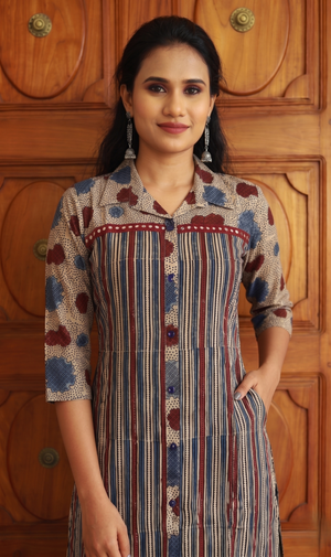 Ajrakh Cotton Shirt collar Straight Cut  Kurta with Lace and Button Details with Pocket , Multicolor, KA1051