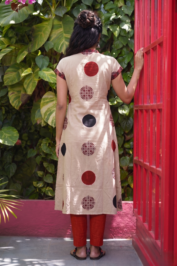 Ajrakh Cotton A Line Kurta with V Collar and Mega Sleeves & Pocket , Ivory , KA1058