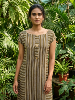 Ajrakh Striped Modal Silk A line Boat Neck Kurta with Golden Color Buttons, Mega Sleeves & Pockets , Beige, KS1014