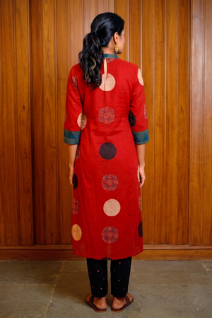 Ajrakh Cotton A Line Kurta with Close Collar & Pockets, Maroon - Blue , KA1067