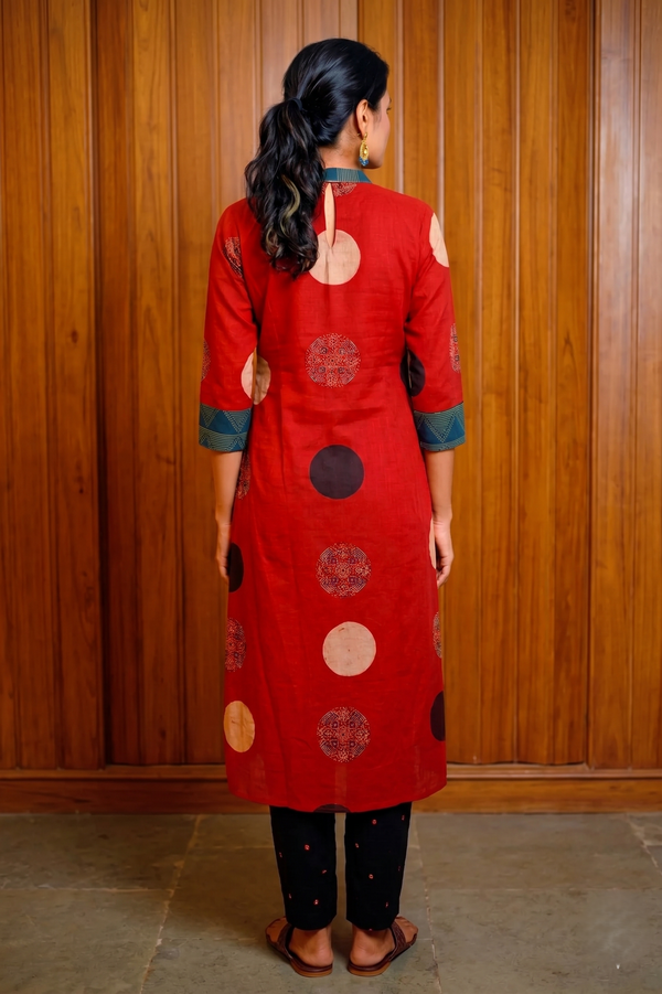 Ajrakh Cotton A Line Kurta with Close Collar & Pockets, Maroon - Blue , KA1067