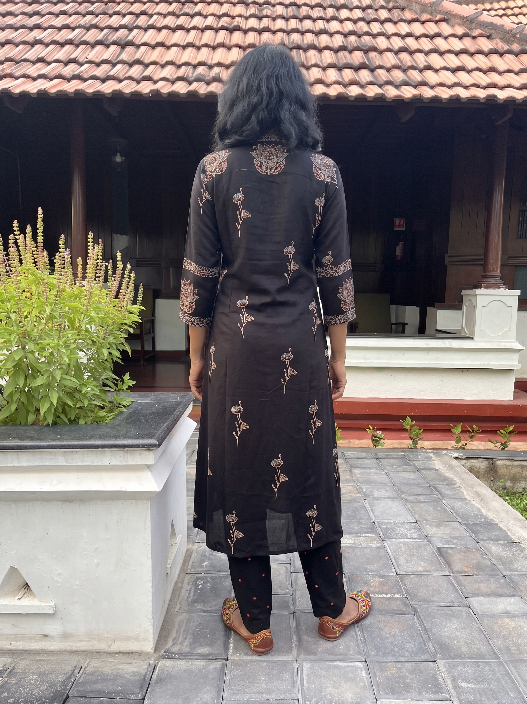 Ajrakh Printed Modal Silk V Collar A Line Kurta with Pockets , Black, KS1012