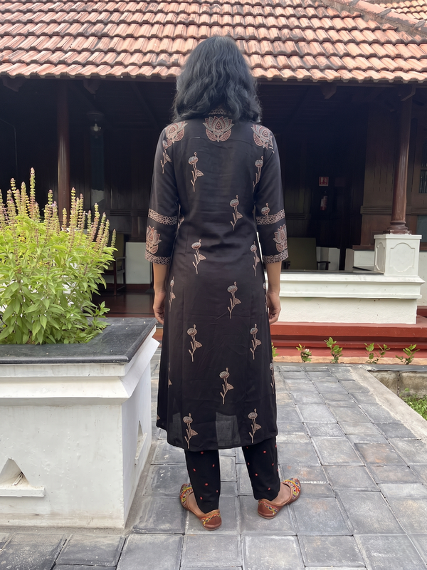 Ajrakh Printed Modal Silk V Collar A Line Kurta with Pockets , Black, KS1012