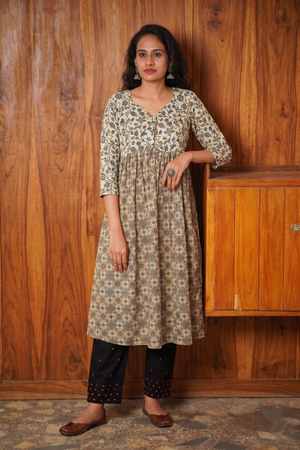 Ajrakh Printed Modal Silk Pleated Kurta with Y Neck Potli Button Details & Pocket , Ivory Blue , KS1010