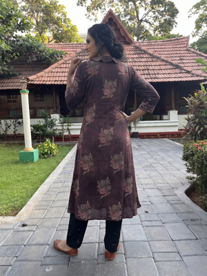 Ajrakh Printed Modal Silk A line Kurta  with Peter Pan Collar, Wooden Button Details & Pockets,  Brown, KS1013
