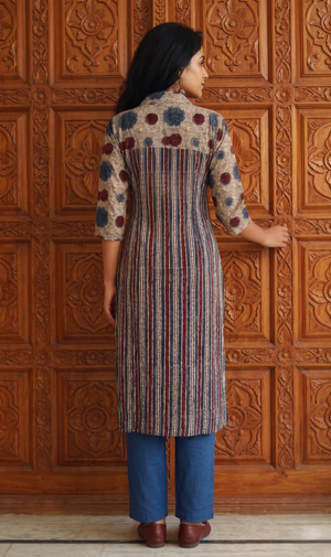 Ajrakh Cotton Shirt collar Straight Cut  Kurta with Lace and Button Details with Pocket , Multicolor, KA1051