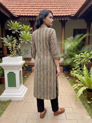 Ajrakh Striped Modal Silk Straight Cut Kurta with Shirt Collar, Golden Color Buttons, 3/4 Sleeves & Pocket , Beige, KS1015