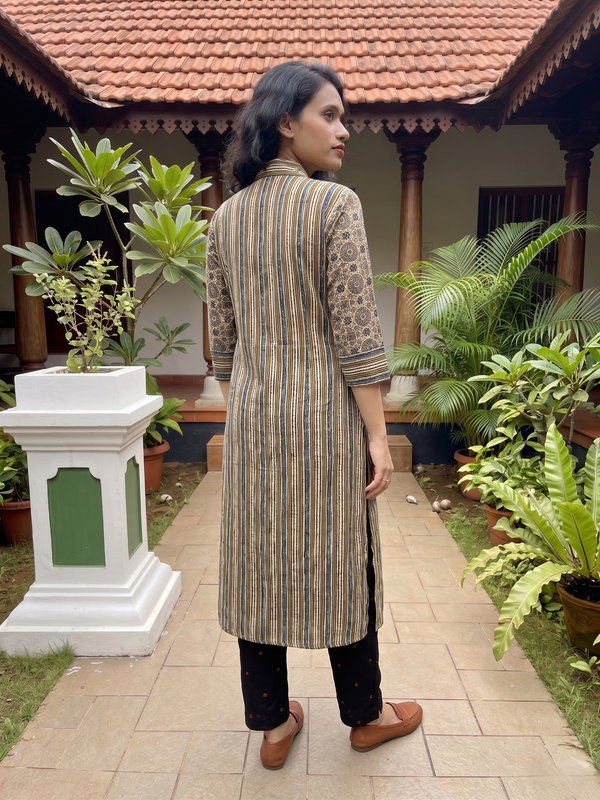 Ajrakh Striped Modal Silk Straight Cut Kurta with Shirt Collar, Golden Color Buttons, 3/4 Sleeves & Pocket , Beige, KS1015