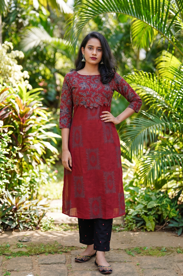 Ajrakh Cotton A Line Boat Neck Kurta with Patch Detailing & Pockets, Maroon, KA1066