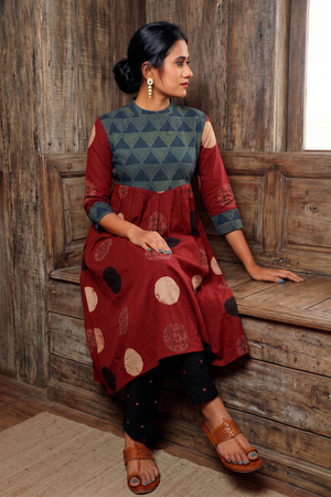 Ajrakh Cotton A Line Kurta with Close Collar & Pockets, Maroon - Blue , KA1067