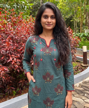 Ajrakh Cotton Y Neck Straight Cut  Kurta with Mirror Work Details & Pockets , Green, KA1049