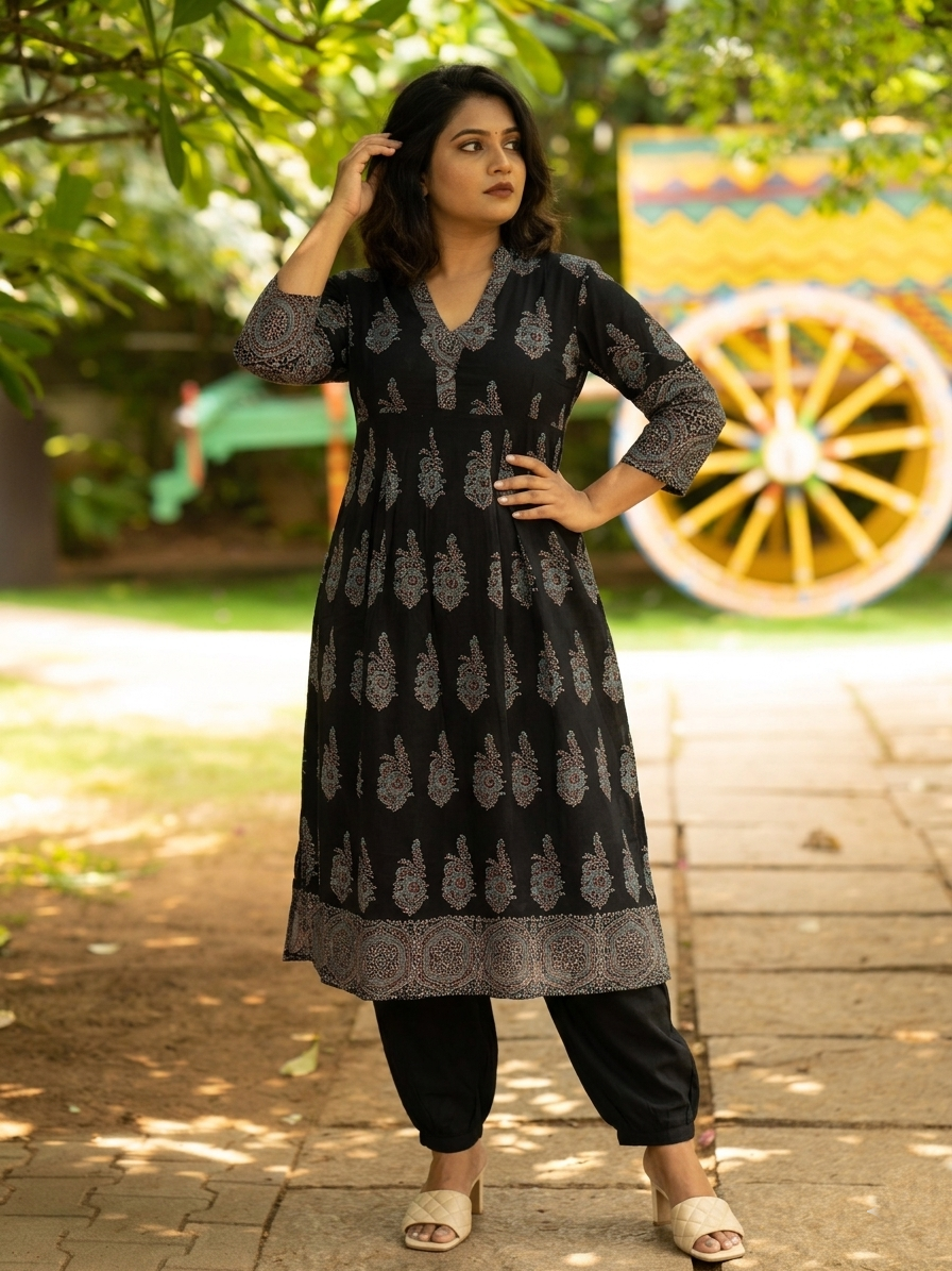 Ajrakh Cotton V Collar Pleated Kurta with Pockets , Black , KA1056