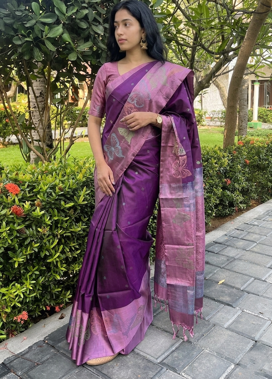 Pure Kanchipuram Soft Silk Saree with Woven Thread Butta, Zari Butterfly Woven Border in Contrast, Heavy Zari Pallu & Plain  Lavendar Blouse Piece, Purple - Lavendar,   SK1013