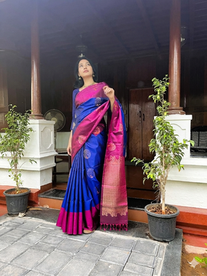 Pure Kanchipuram Soft Silk Saree with Minakari Woven Butta, Contrast Border, Heavy Zari Pallu & Plain Rani Pink Blouse Piece, Royal blue - Rani Pink,,   SK1008