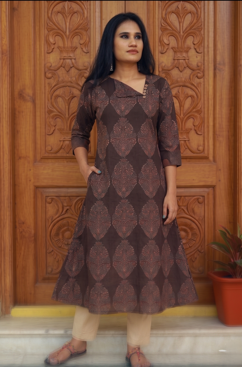 Ajrakh Cotton Triangle Neck A Line Kurta with Wooden Button Details with Pocket , Brown, KA1052