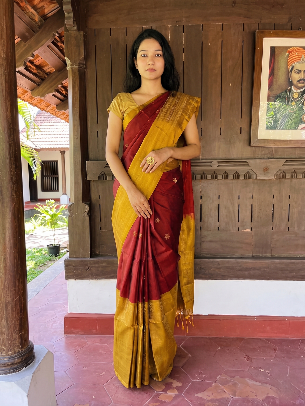 Pure Kanchipuram Soft Silk Saree with Broad Zari Brocade One Side Border, Pure Gold & Silver Zari Butta & Plain Mustard Blouse Piece, Maroon - Mustard, SK1018