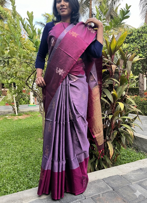 Pure Kanchipuram Soft Silk Saree with Pure Gold & Silver Butta, Contrast Border, Heavy Pallu  & Plain Rani Pink Blouse Piece, Lavendar - Rani Pink, SK1009