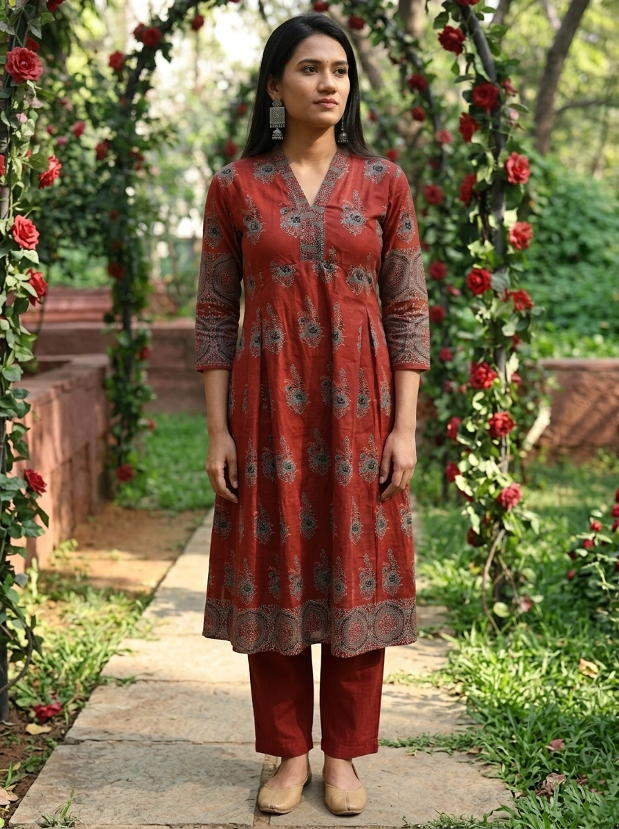 Ajrakh Cotton  V Collar Pleated Kurta with Pocket , Maroon, KA1055