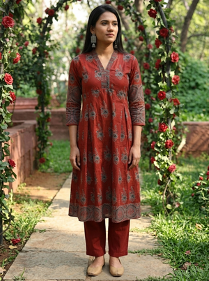 Ajrakh Cotton  V Collar Pleated Kurta with Pocket , Maroon, KA1055