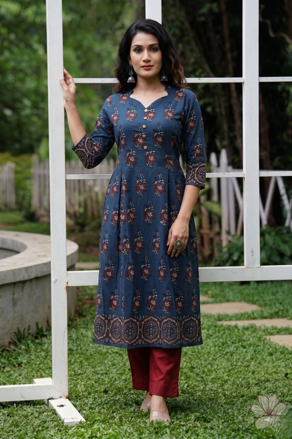 Ajrakh Cotton Sweetheart neck Pleated Kurta with Wooden Button Details & Pocket , Indigo Blue , KA1059