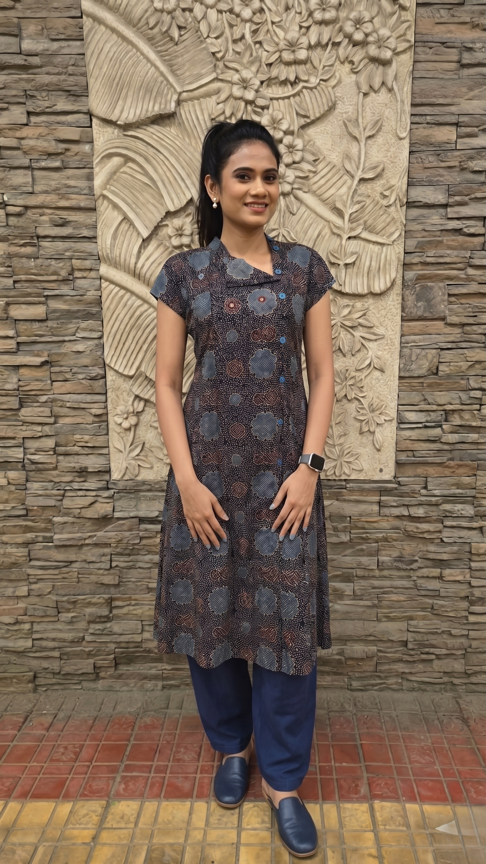 Ajrakh Cotton Triangle neck A Line Kurta with Mirror Details & Mega Sleeves with Pocket, Black, KA1053