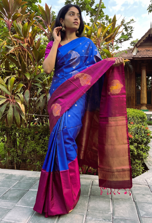 Pure Kanchipuram Soft Silk Saree with Minakari Woven Butta, Contrast Border, Heavy Zari Pallu & Plain Rani Pink Blouse Piece, Royal blue - Rani Pink,,   SK1014